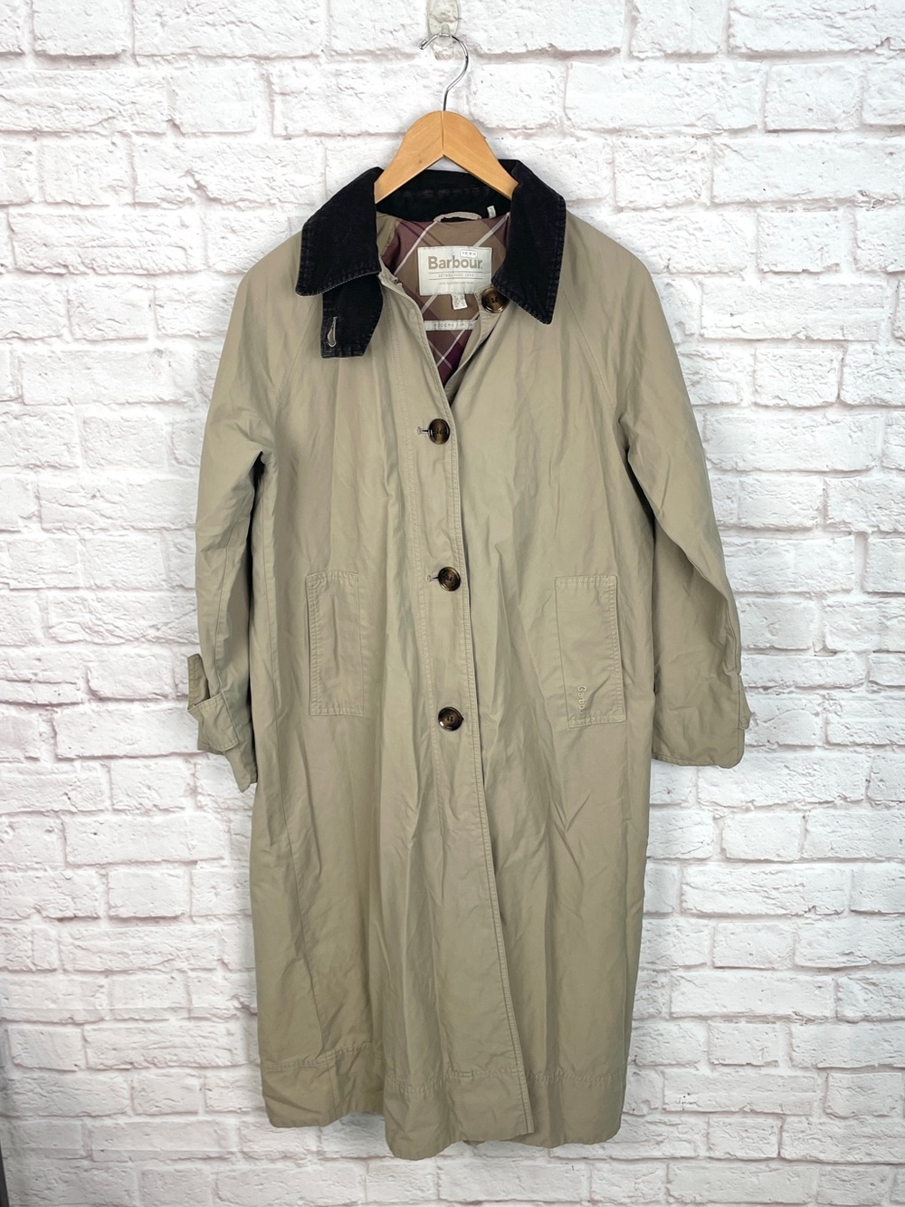 Barbour Modern Heritage Beige Utility Trench Coat with Corduroy Collar Size 2
